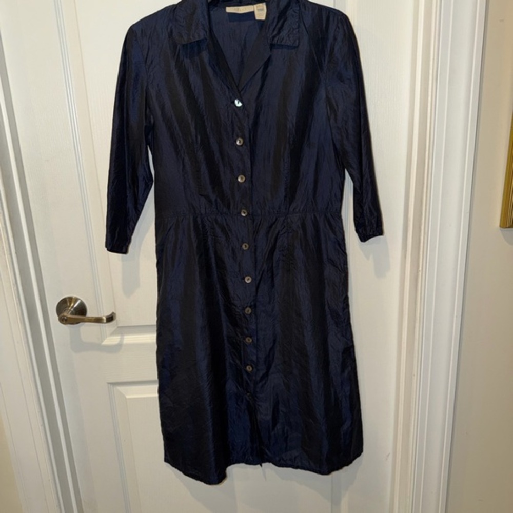 J. Jill Navy Button-Front Silk Midi Shirt Dress